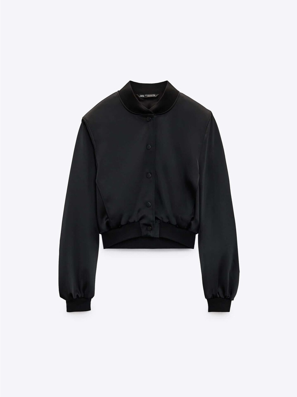 Zara Satin Cropped Bomber Jacket Black Size M Lightweight Button Front - Picture 9 of 9